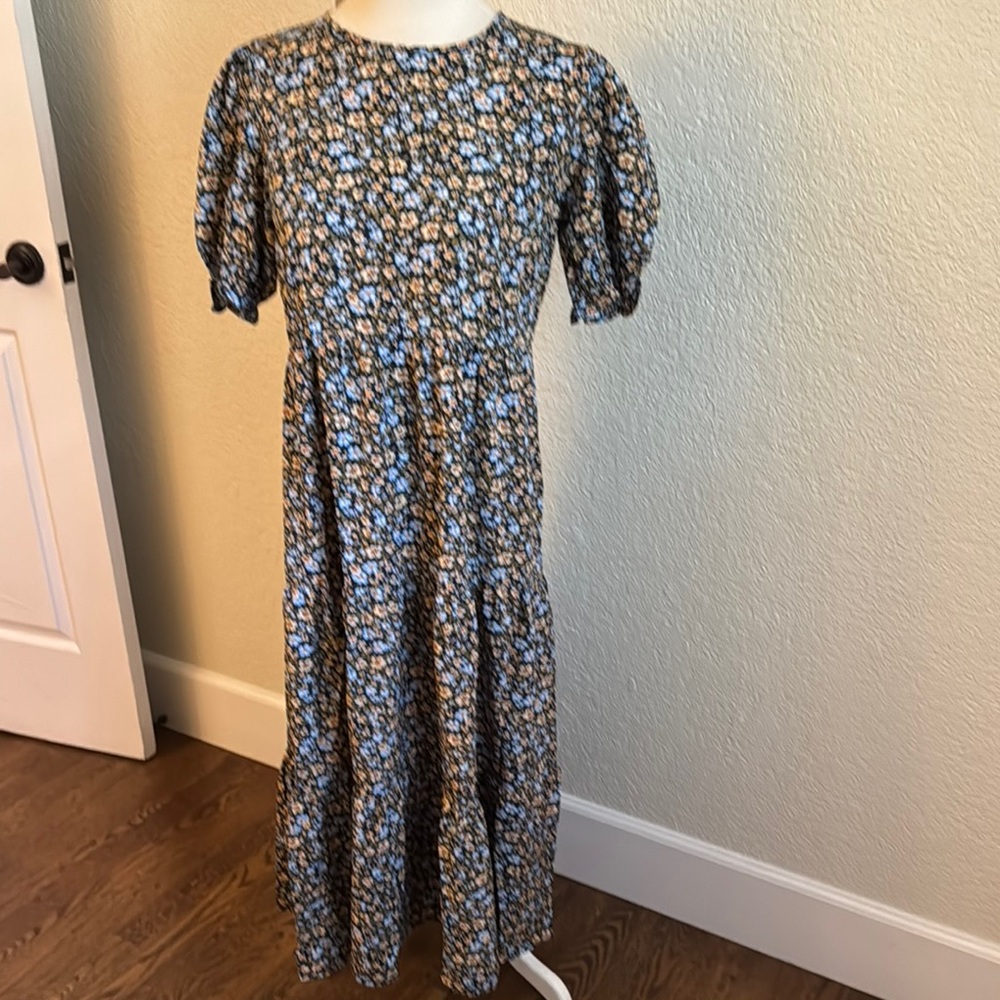 NWT Blue and Brown Puff Sleeve Midi Sundress